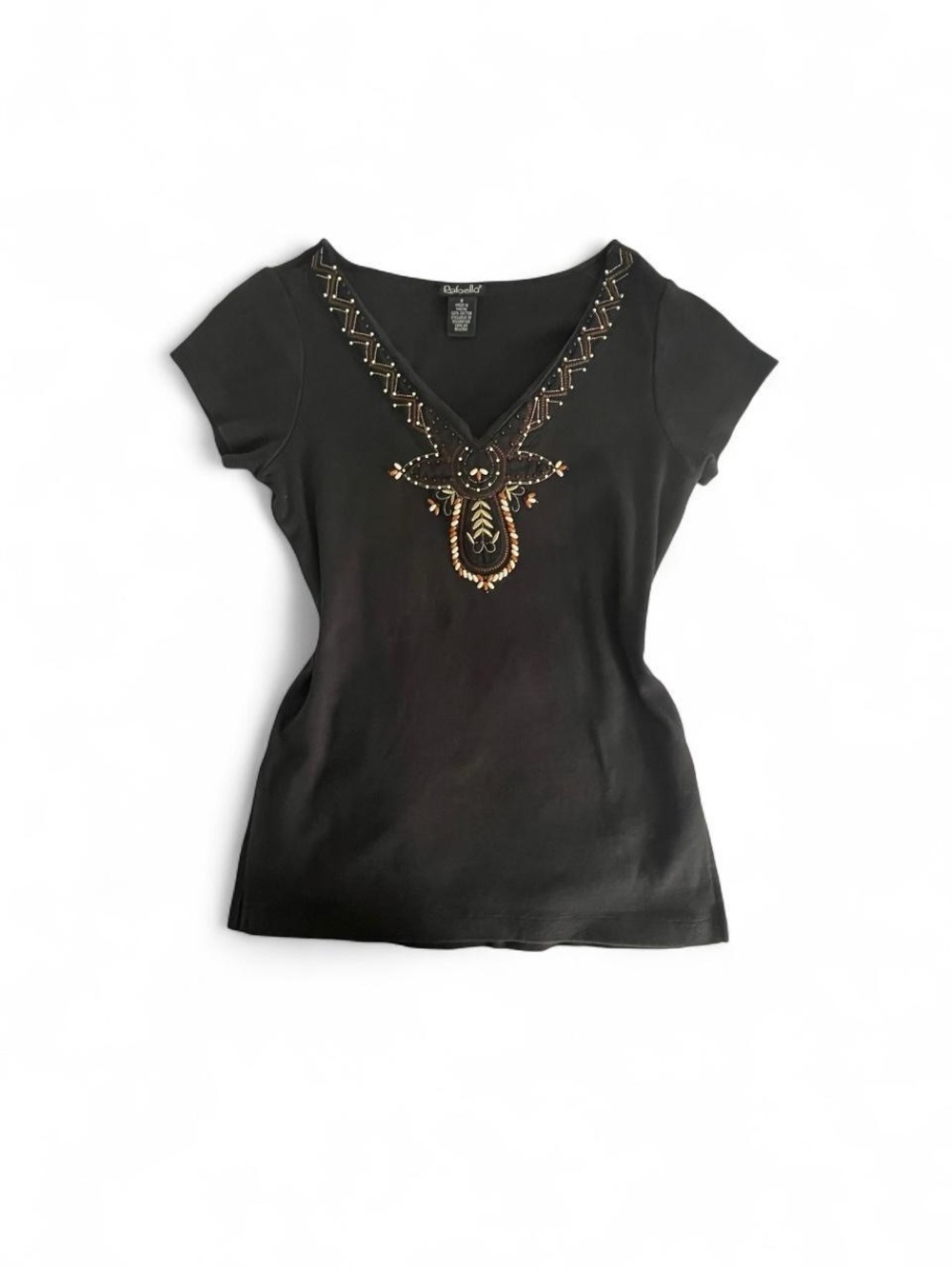 Y2k Boho Rafaella Black 100% Cotton Beaded V Neck Tee Whimsigoth Cottagecore